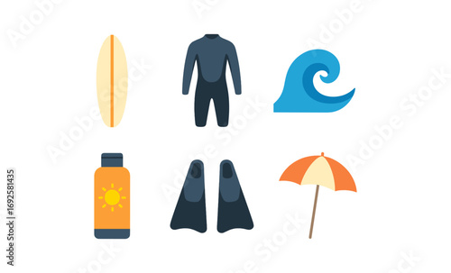 Surfing essentials set: bright minimalist icons featuring surfboard, wetsuit, and wave