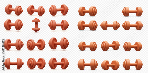 Multiple orange-brown 3D rendered dumbbells with varying designs, presented as a collection of fitness equipment on a transparent background.