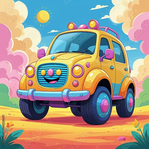 Whimsical Yellow Car on a Sunny Day