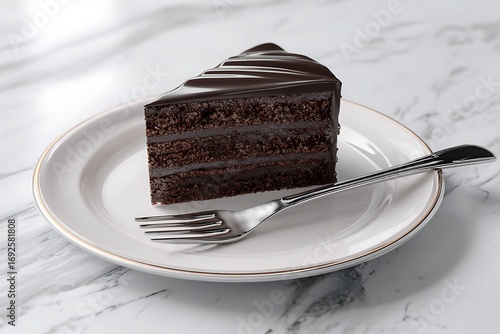 Indulge in a decadent slice of rich chocolate cake with glossy ganache on a stylish marble table, perfect for dessert lovers and sweet cravings