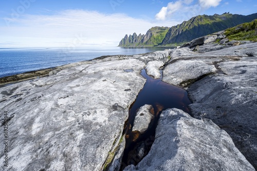 Tidal pools, rocky coast of Tungeneset, Devil's Teeth, Devil's Teeth, Okshornan, Ersfjorden, Senja Island, Troms, Norway