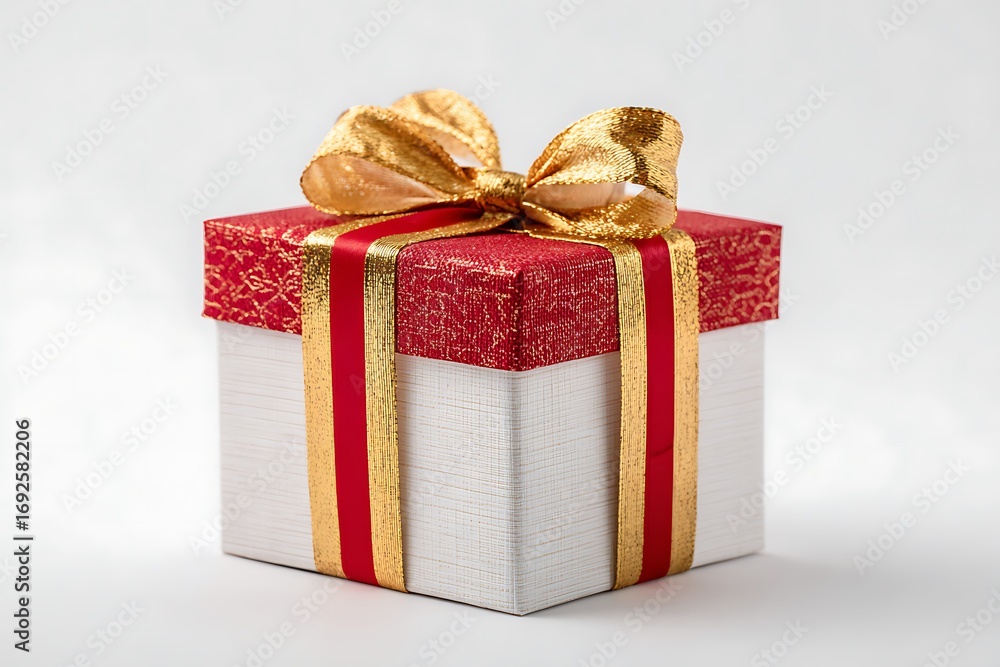 Obraz premium Give the gift of joy with this exquisitely wrapped present featuring a shimmering gold bow and festive red accents for holidays and special occasions