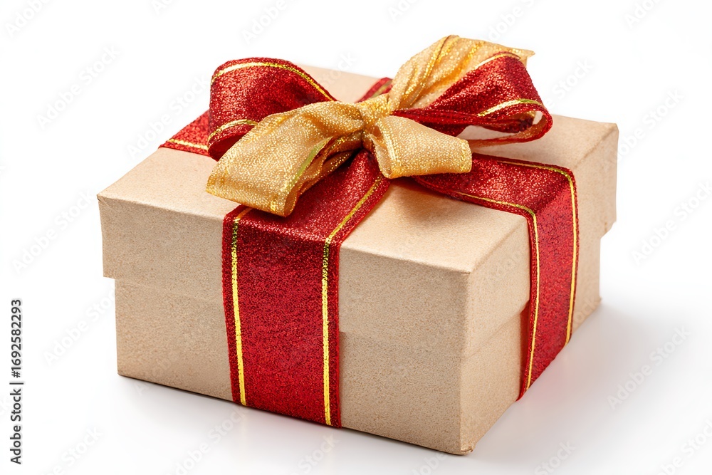 Obraz premium Wrapped gift box with red and gold ribbon for celebratory occasions like birthdays, holidays, promotions, and thank you presents