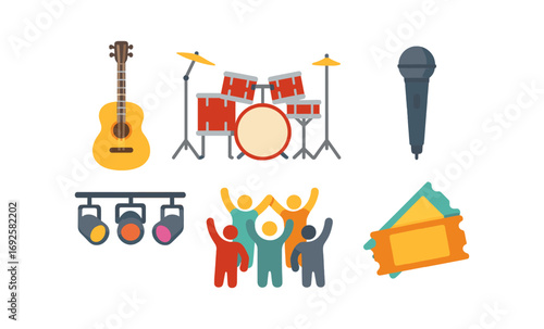 Colorful concert icons with instruments and symbols in flat style
