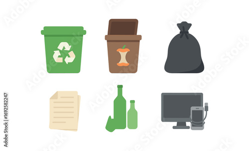 Eco-friendly waste management icons: recycling, compost, e-waste, and more