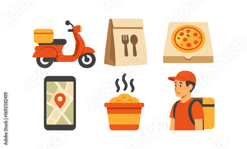 Food delivery concept with neon glow icons featuring scooter, mobile map, and hot meals