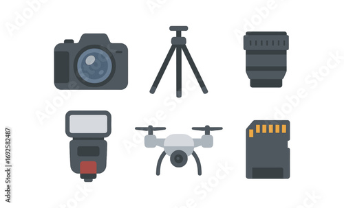 Photography equipment icons in modern flat design with soft glow effect