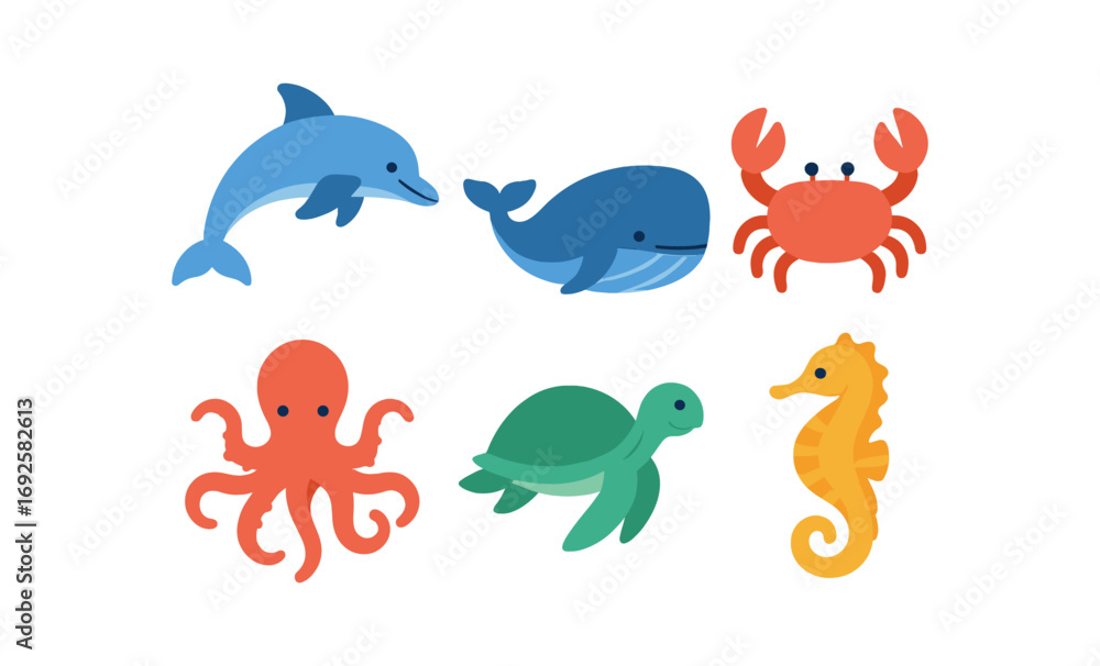 Obraz premium Colorful marine life collection: ocean animals glowing in soft gradient glow