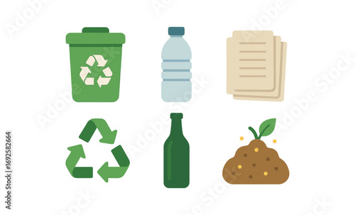 Eco-friendly icons including recycling bin, compost, and reusable bottle on gradient background
