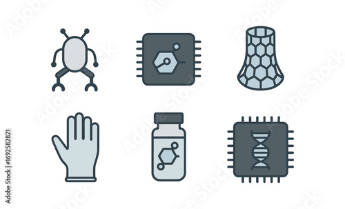 Futuristic biotechnology icons featuring circuit chips and molecular structures