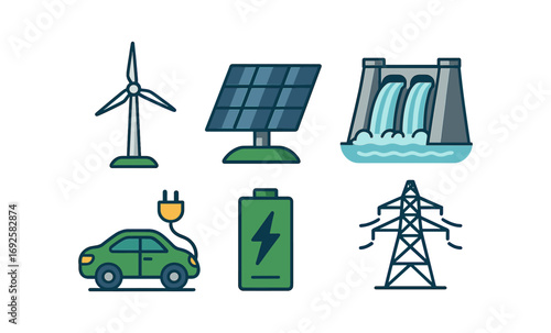 Renewable energy icons featuring wind, solar, hydroelectric, electric car, battery, and powerline