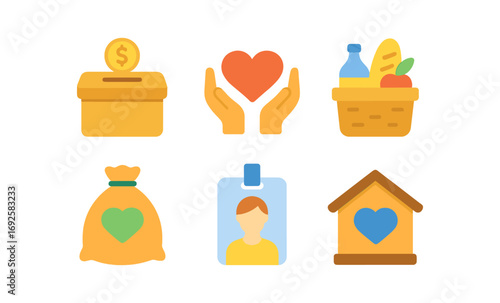 Charitable donation icons featuring heart, food, and humanitarian symbols