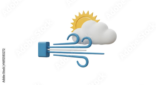 3D Render of Sun Cloud and Wind Icon for Weather Forecast.