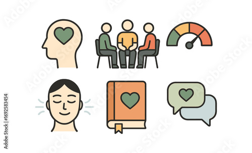 Mental health and wellness: flat icons on self-care practices and emotional wellbeing