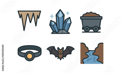 Flat mining icons: crystals, bat, helmet, waterfall, cart, stalactites