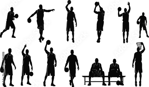 Silhouette basketball players, sports activity, basketball training, slam dunk, ball dribbling, jump shot, teamwork, competition, athletic motion, black white vector illustration