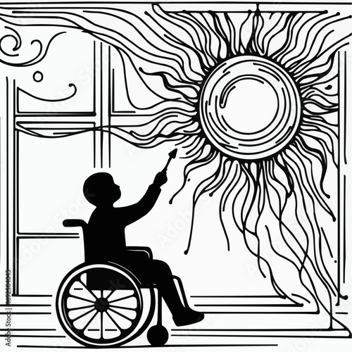 Creative expression of a person in a wheelchair painting a vibrant sun on a wall
