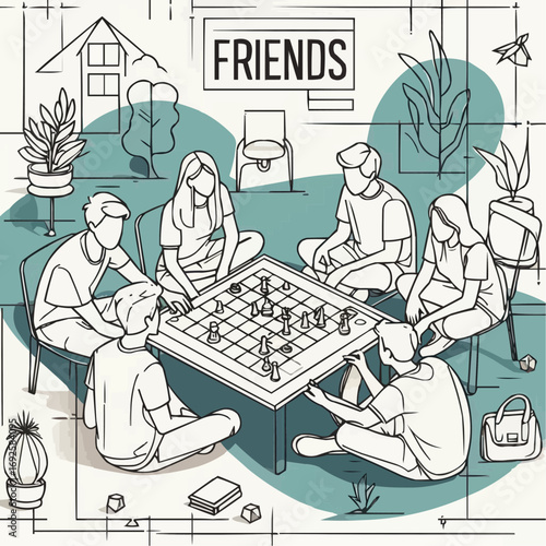 Group of friends playing board game together at home, enjoying time and laughter, line art style