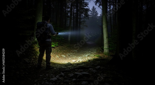 Man with flashlight exploring a dark forest at night.