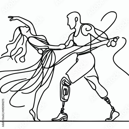 Inclusive dance performance featuring a man with a prosthetic leg and a woman, celebrating movement and joy on a simple background