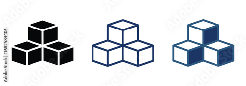 Blockchain technology icon set. Cube infrastructure. Block chain, crypto, cloud or building blocks concept. 3D cubes. Module structure. Line or solid logo for web or app. Editable vector stroke