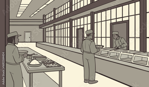 A prison dining hall with long steel tables and benches, prisoners standing in line to get food from a steel serving counter. Guards supervise while trays of bread, rice, and curry are being served. A