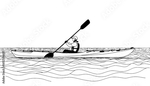 Kayaker paddling through the water, enjoying the serenity of the open sea, adventure and exploration in a minimal, line art style, perfect for travel and outdoor themes