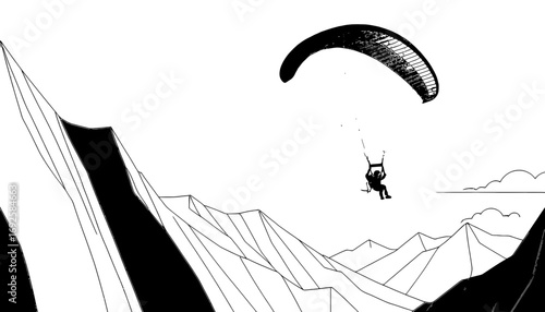 Dramatic paragliding adventure soaring above rugged mountain peaks, capturing freedom and the thrill of flight, ideal for travel and adventure projects