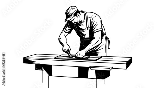 Expert craftsman meticulously carving wood on a workbench, showcasing skill, precision, and dedication to woodworking, perfect for design projects