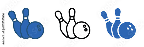 Line art and solid black and blue icons of bowling pins and ball. Perfect for game, sport, or leisure designs.