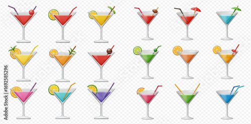 A vibrant collection of fifteen colorful cocktails in martini glasses, each garnished with fruit slices, cherries, and straws.