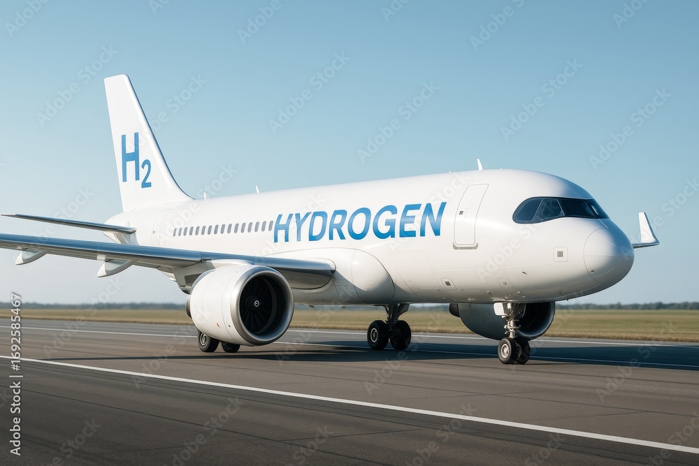 Obraz premium Hydrogen-powered commercial airplane taxiing on runway under clear sky, promoting sustainable air transport innovation and green energy solutions. Ai generative