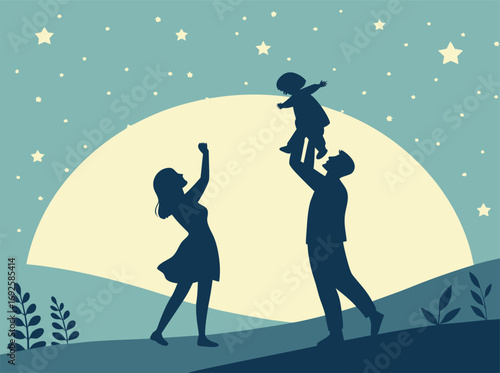 Silhouette of a happy family celebrating, parents and child with background moon and stars