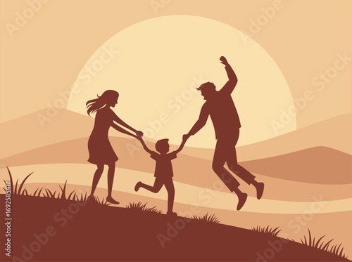 Joyful family adventure parents and child silhouetted against a vibrant sunset, creating lasting memories together