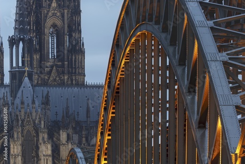 Cologne Cathedral and the Hohenzollern Bridge illuminated with LED lights, Cologne, North Rhine-Westphalia, Germany