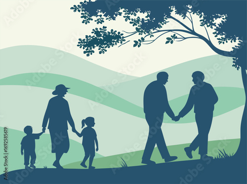 Generational family walking together through rolling hills under a tree