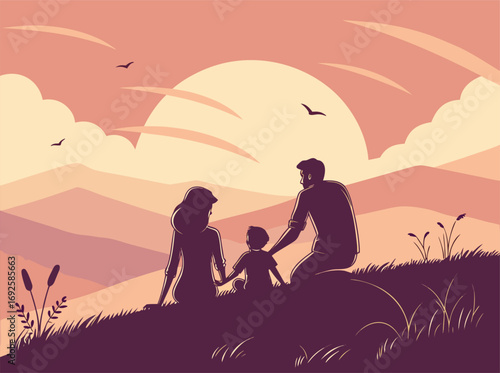 Loving family of three sitting together on a grassy hill enjoying a beautiful scenic sunset