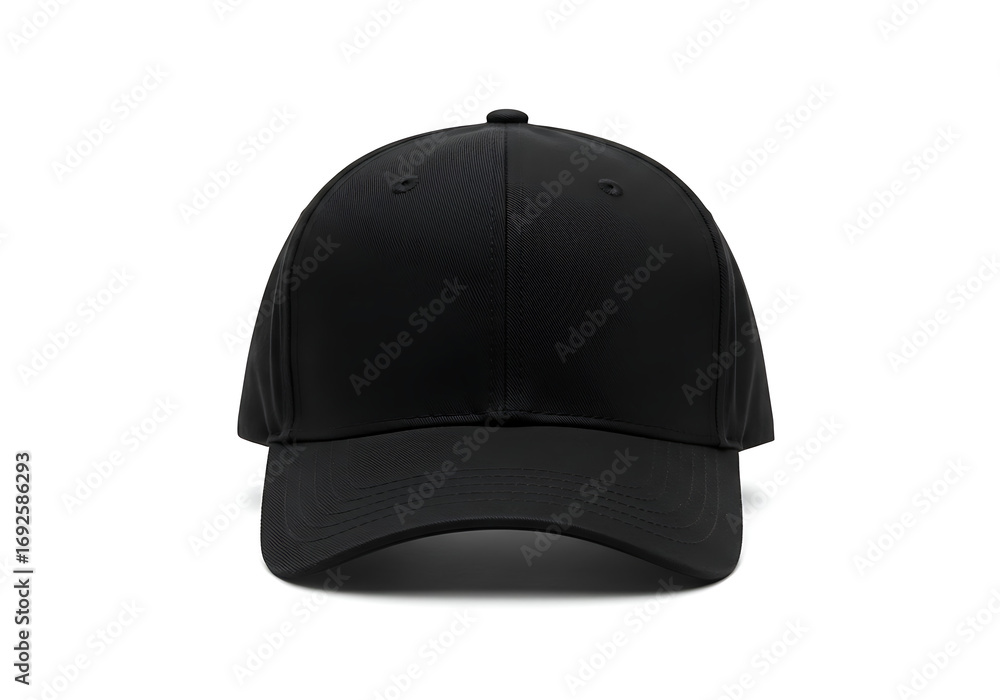 Fototapeta premium Black baseball cap sitting on white surface, showcasing its simple, modern style and clean lines in a minimalist studio shot.