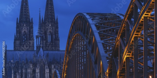 Cologne Cathedral and the Hohenzollern Bridge illuminated with LED lights, Cologne, North Rhine-Westphalia, Germany