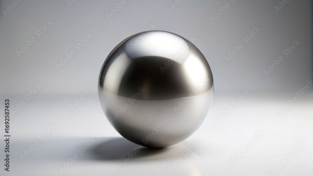 Obraz premium A perfectly smooth metallic sphere rests on a pristine white surface, reflecting the subtle ambient light, showcasing its flawless, polished texture and symmetrical form.