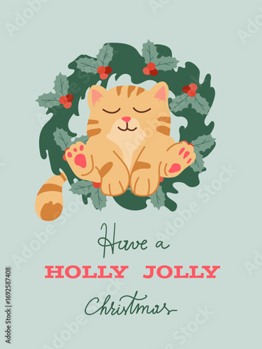 Christmas card with a peacefully dozing cat in a festive holly wreath. Humorous holiday decor for winter projects