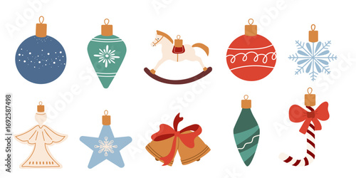Vibrant collection with an assortment of Christmas ornaments, including traditional shapes such as stars, bells, and a rocking horse.