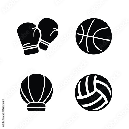 Black icons of boxing gloves basketball volleyball and hot air balloon vector