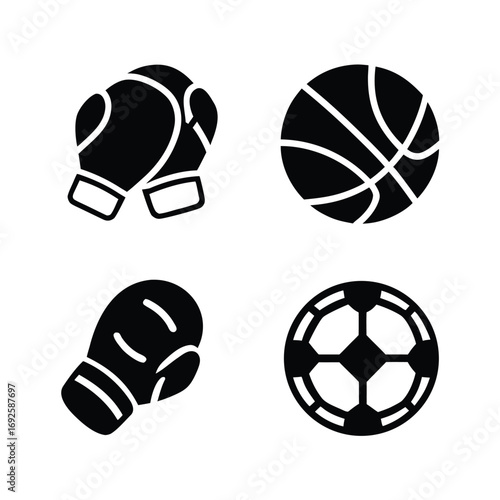 Black silhouette icons of boxing gloves basketball and soccer ball vector