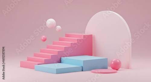 Pastel Pink and Blue 3D Staircase Scene.