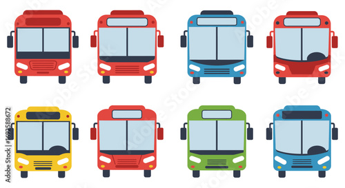 colorful buses arranged neatly in two rows