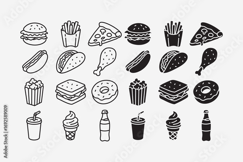 Fast food and snack icons set in line art and solid style. Burger, Fries, Pizza, Hotdog, Taco, Chicken drumstick, Popcorn, Sandwich, Donut, Soda, Ice cream, Bottle drink . Vector Illustration