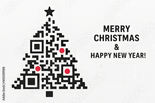 Stylized qr code shaped like a christmas tree with black blocks, red ornaments and star, merry christmas and happy new year text on white background with copy space, festive holiday greeting concept