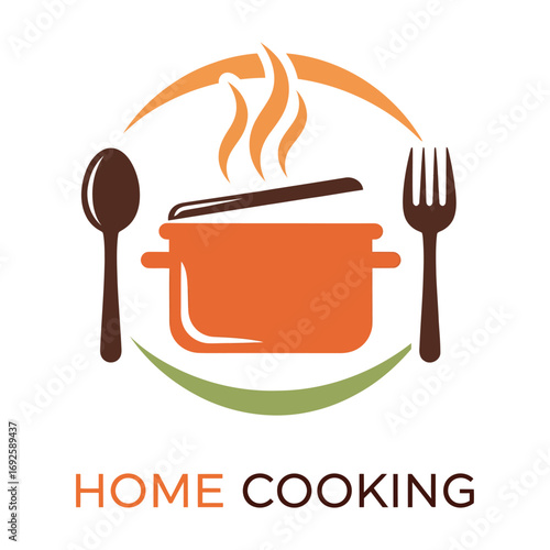 Home cooking logo with pot spoon fork and steam food culinary