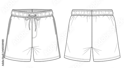 Flat technical sketch of casual shorts with elastic waistband and drawstring. Fashion vector illustration template with front and back views for apparel design